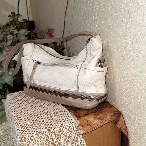 The Sak BOHO Small Purse Shoulder Hand Bag 100% LEATHER Ivory Taupe - Picture 2 of 11